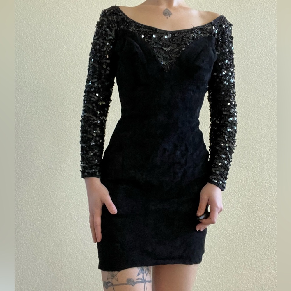 Black beaded open back suede long sleeve above the knee formal holiday dress